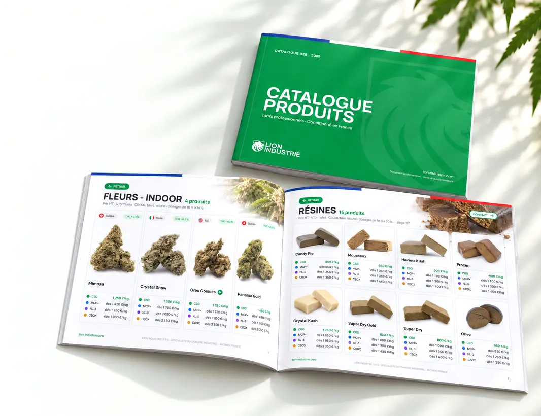 Le catalogue professionnel Lion Industrie 2026 : couverture verte et pages Fleurs Indoor et Résines