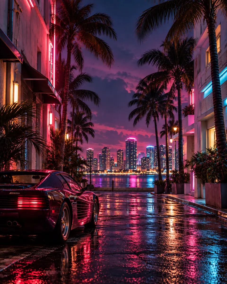 Rue de Miami éclairée de néons, univers High District